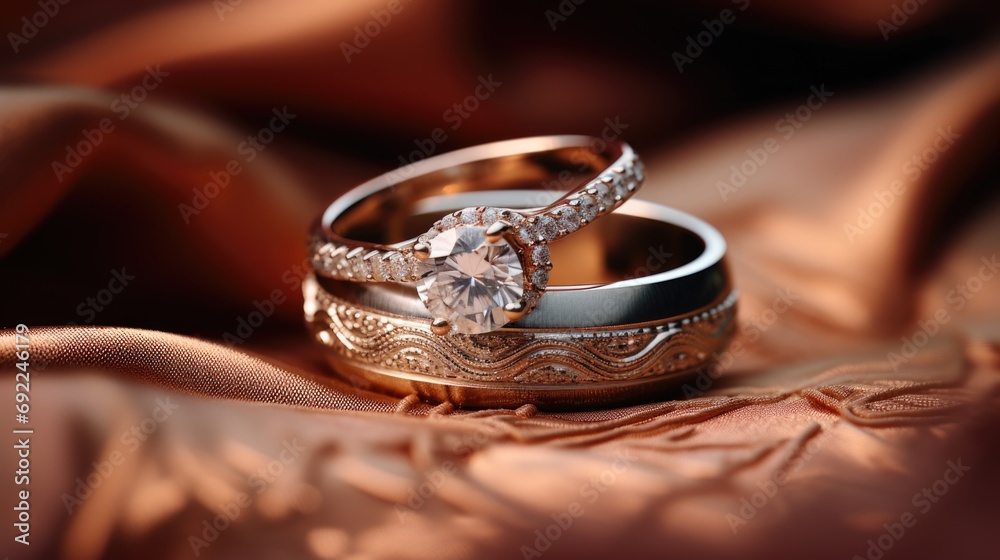 Close-up of intertwined wedding rings resting on a bed of soft silk, symbolizing eternal love couple. The atmosphere is one romance sophistication, intricate details of the rings. Generative ai