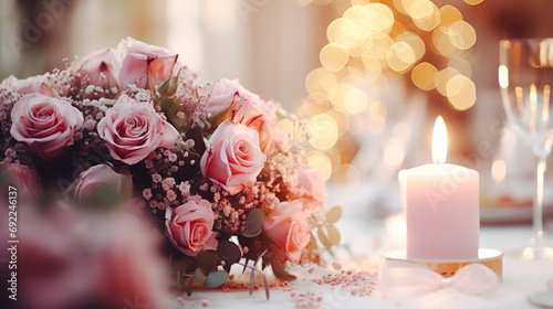 Arranged wedding bouquet placed on beautifully decorated table, set against the backdrop of a romantic wedding venue. Atmosphere love, celebration bouquet elegant surroundings. Generative ai © MoreThanProd