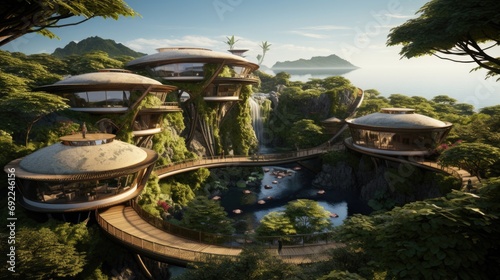Eco-conscious oasis, sustainable forest retreat fosters a deep connection with nature. Highlights renewable energy solutions, eco-friendly architecture, pristine natural surroundings. Generative ai
