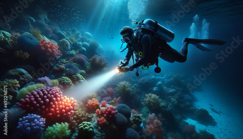 un homme utilisant une lampe de plongée sous le niveau de la surface de la mer