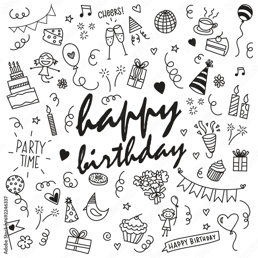 Happy birthday hand drawn vector illustration. Party and celebration design.