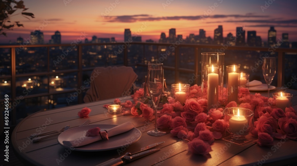 Romantic scene of a couple sharing a candlelit dinner on rooftop terrace overlooking city skyline. Table is adorned with roses and elegant tableware, creating a sophisticated intimate. Generative ai