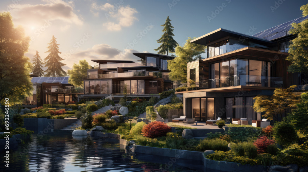 Obraz premium Eco-conscious oasis, sustainable forest retreat fosters a deep connection with nature. Highlights renewable energy solutions, eco-friendly architecture, pristine natural surroundings. Generative ai