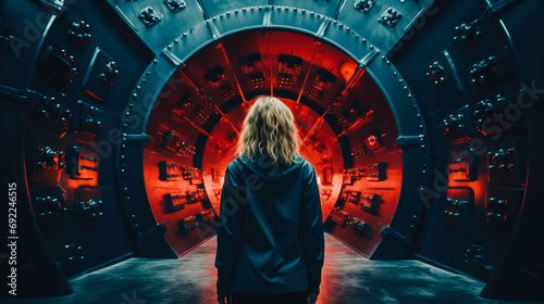 A metaphorical scene of a woman holding a secure vault that represents personal data. The image should convey a sense of trust and security in safeguarding sensitive information. Generative ai