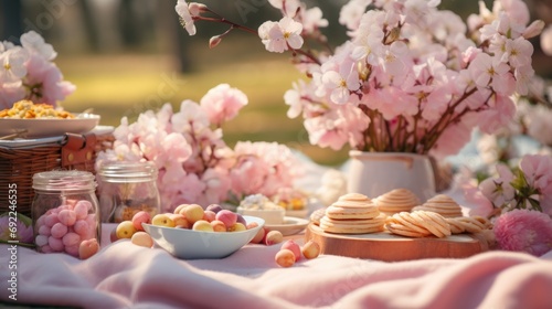 Cozy spring picnic tranquil pond  with a sunlit meadow as the backdrop. The picnic blanket is adorned with an assortment of gourmet cheeses  fresh salads  and refreshing beverages. Generative ai