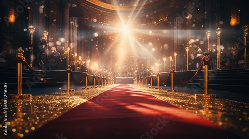Star-studded red carpet event comes to life as celebrities and VIPs grace the entrance. Paparazzi swarm, capturing every moment frenzy of camera flashes. Red carpet exudes opulence. Generative ai