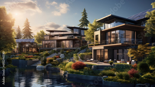 Eco-conscious oasis, sustainable forest retreat fosters a deep connection with nature. Highlights renewable energy solutions, eco-friendly architecture, pristine natural surroundings. Generative ai