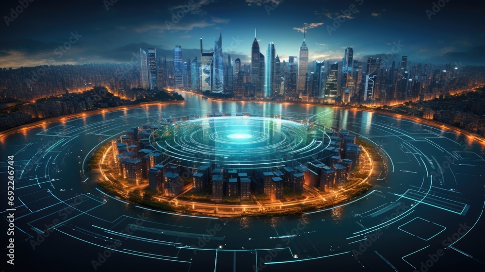 Futuristic city skyline with digital currency symbols illuminating the ...