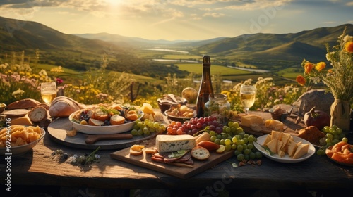 Vászonkép Adventurous spring picnic on a hillside with a panoramic view, featuring a rustic setup with a variety of artisanal cheeses, cured meats, and crusty bread