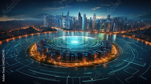Futuristic city skyline with digital currency symbols illuminating the night sky. Cityscape features skyscrapers with embedded displays showcasing real-time cryptocurrency market trends Generative ai