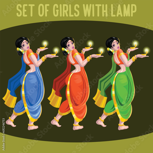 Diwali Greetings with a Girl Holding Lamps in her hands