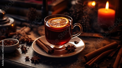 Artistic composition mulled wine pot simmering stove, side view, spices swirling hot liquid, ethereal steam rising, dark kitchen background with ambient lighting, festive and aromatic. Generative ai.