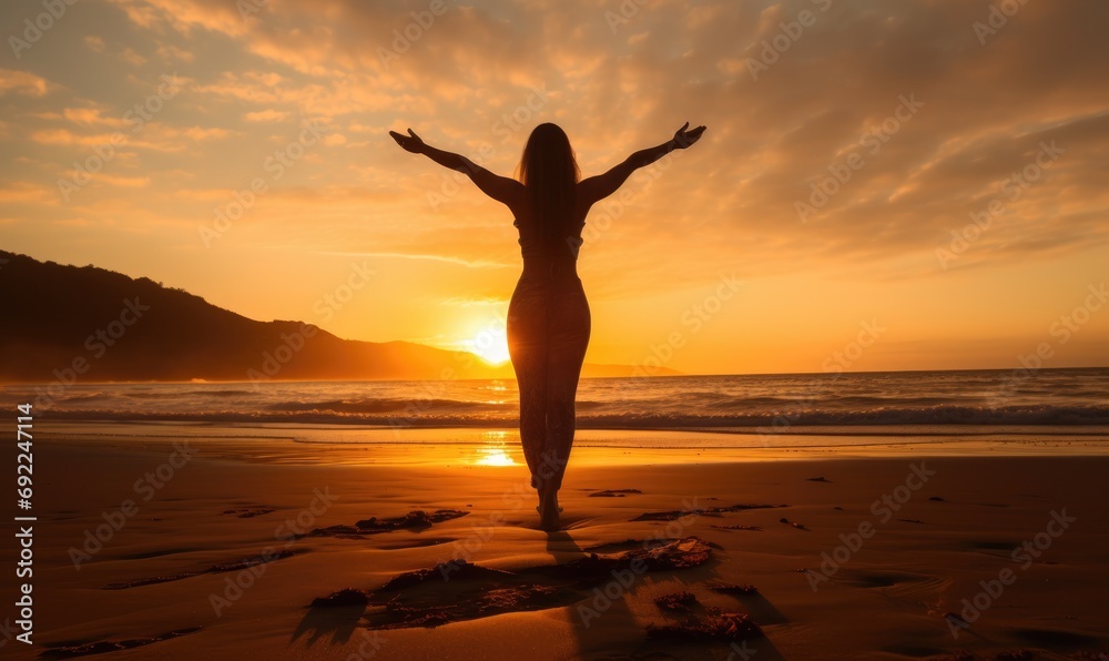 Beach Morning Zen: A Woman Immersed in Yoga on the Beach During Sunrise - Cultivating Serenity, Mindfulness, and Health in the Calming Atmosphere of the Coastal Morning.




