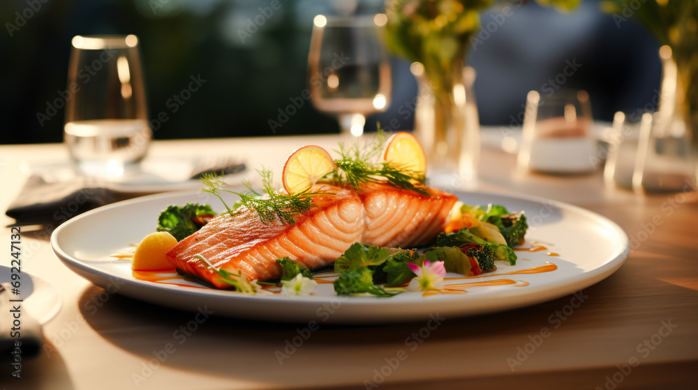 Elegant plating perfectly grilled salmon fillets,lemon wedge garnish, on a modern white plate, soft diffused lighting, minimalist dining table setting. Generative ai.