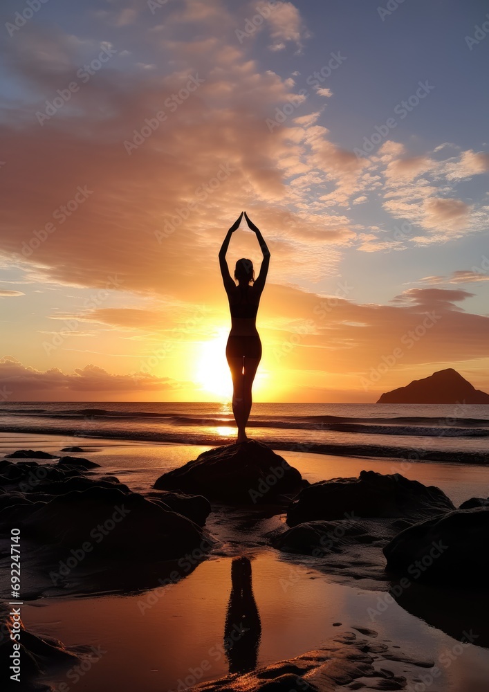 Beach Morning Zen: A Woman Immersed in Yoga on the Beach During Sunrise - Cultivating Serenity, Mindfulness, and Health in the Calming Atmosphere of the Coastal Morning.




