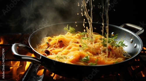 Cooking stage by capturing the moment when pasta is being lowered into a pot of boiling water. Focus on the bubbling water, the steam rising, and the pasta immersed in the pot. Generative ai