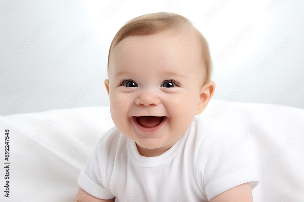 Close-up portrait of a 4-month-old smiling baby isolated on a white background