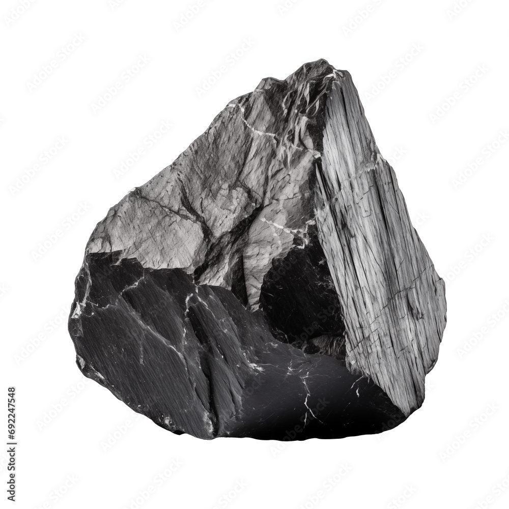 Close up photo of a black graphite rock stone isolated on transparent background