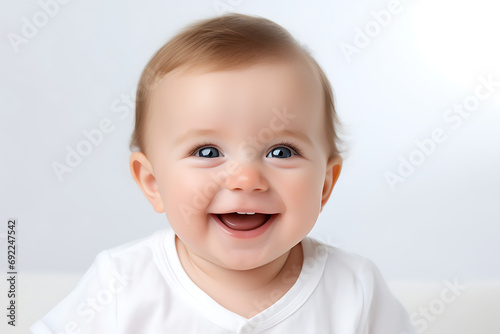 Close-up portrait of a 4-month-old smiling baby isolated on a white background