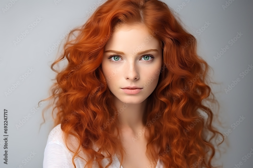 Fototapeta premium Portrait of a beautiful red-haired curly-haired young woman isolated on a light background