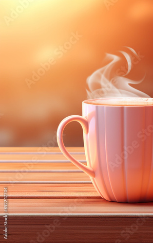 A pastel pink coffee mug exudes a gentle steam, sitting on a wooden table against a soft dawn light, inviting a peaceful morning moment. Peach Fuzz 