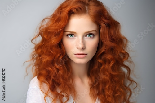 Portrait of a beautiful red-haired curly-haired young woman isolated on a light background