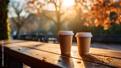 Two coffee cups on a park bench during a tranquil autumn morning, a perfect setting for a shared moment of serenity.