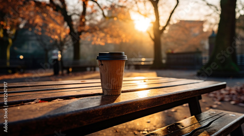 A lone coffee cup basks in the golden hour light on a park bench, capturing a peaceful morning moment in an urban setting. #692247917