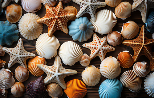 summer background set of beautiful multi-colored shells and starfish top view