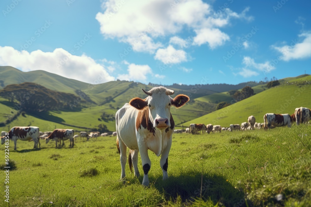 the serene beauty of dairy farming in New Zealand, this image captures contented cattle grazing on lush pastures amidst the rolling hills, a picturesque rural landscape