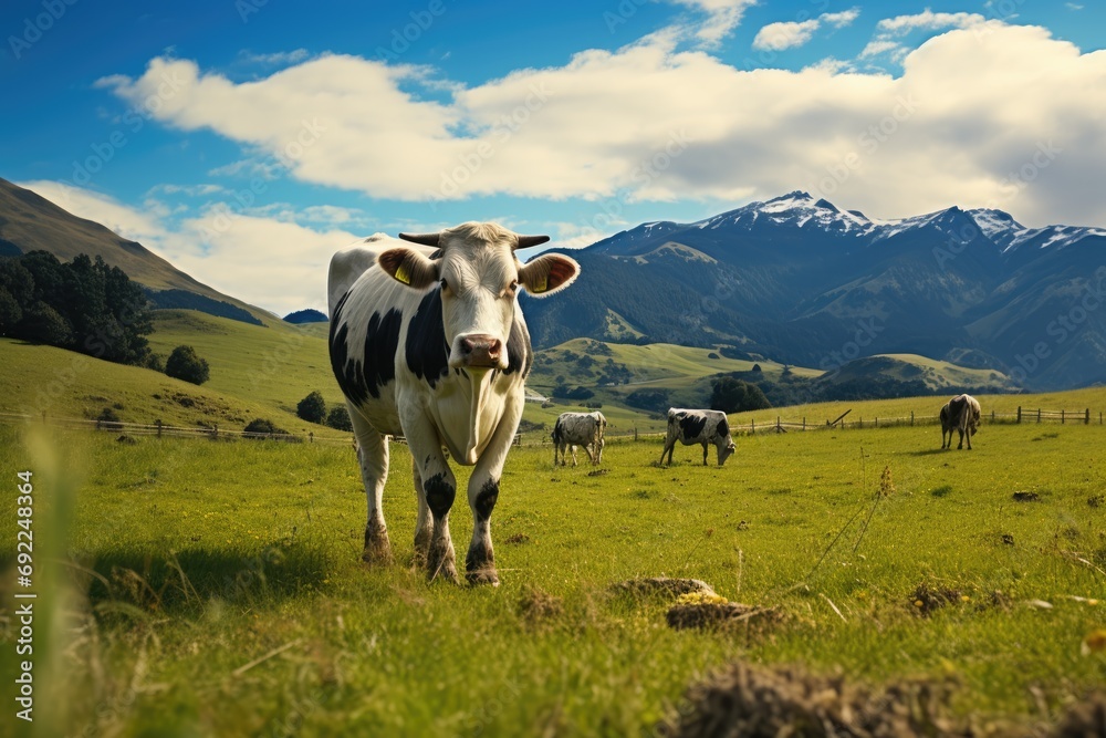 the serene beauty of dairy farming in New Zealand, this image captures contented cattle grazing on lush pastures amidst the rolling hills, a picturesque rural landscape