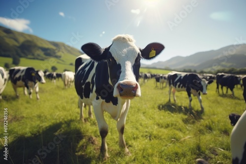 the serene beauty of dairy farming in New Zealand, this image captures contented cattle grazing on lush pastures amidst the rolling hills, a picturesque rural landscape