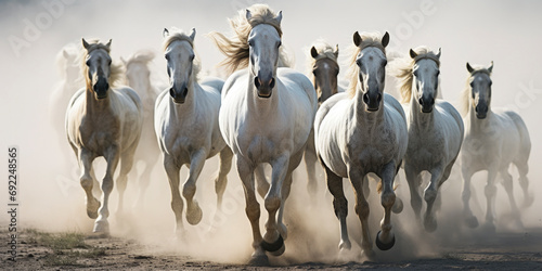 Herd of White Horses Running Across a Dirt Field