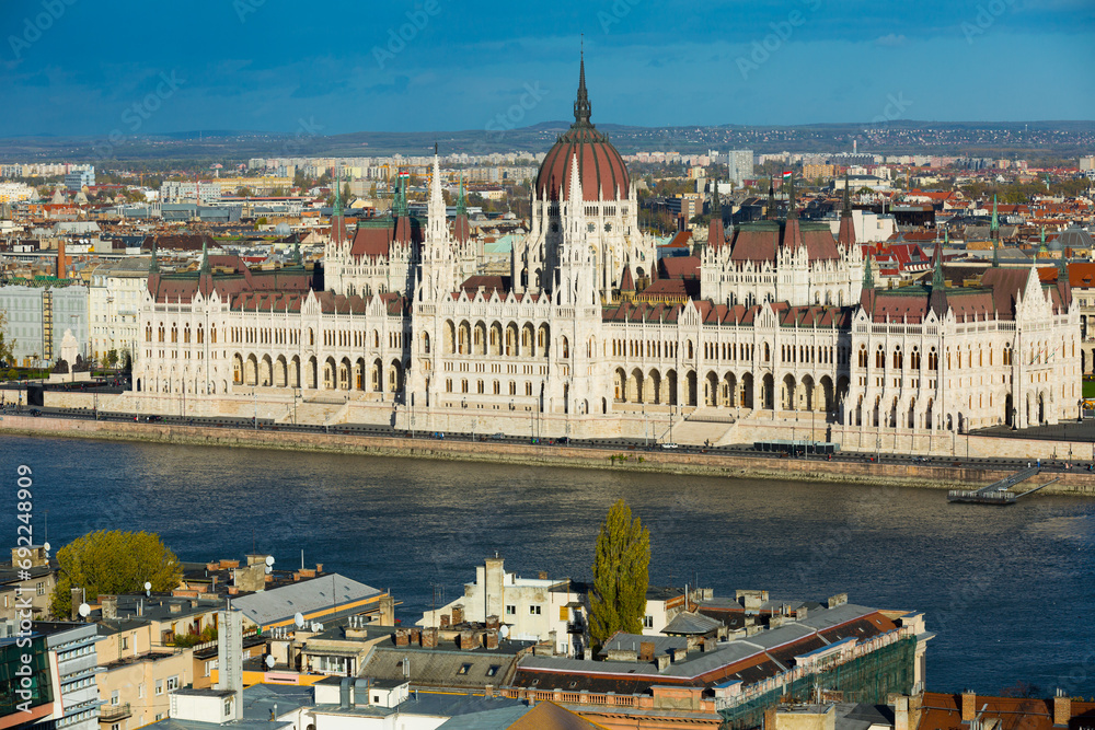Photo of colorful Parlament in Budapest in Hungary outdoor.
