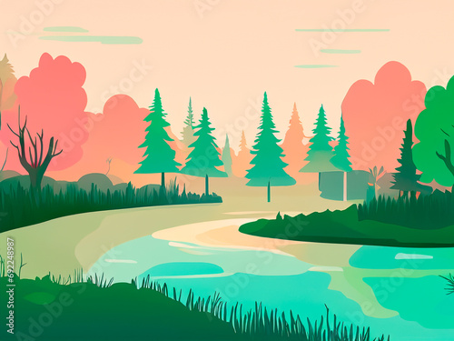ilustracion bosque con rio atravesando tonos pastel