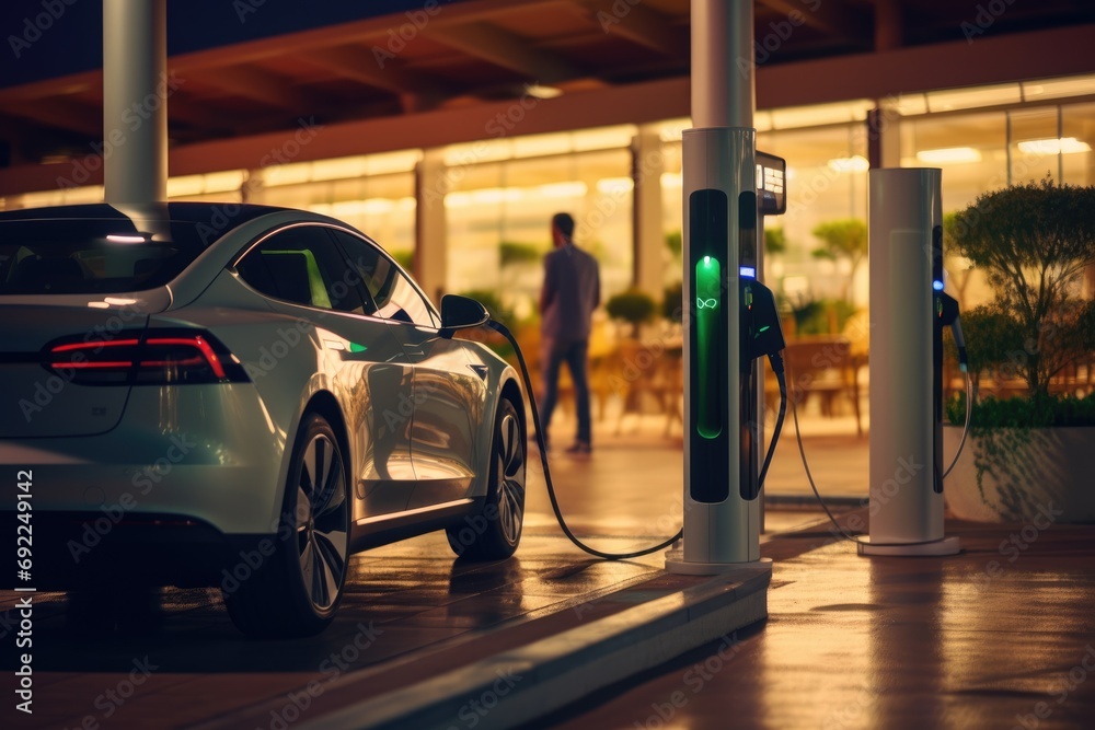 Efficient Electrification: Showcase the Speed and Efficiency of Electric Car Charging Infrastructure on German Highways, where Cars Swiftly Charge at a High-Capacity Station.	
 - obrazy, fototapety, plakaty 