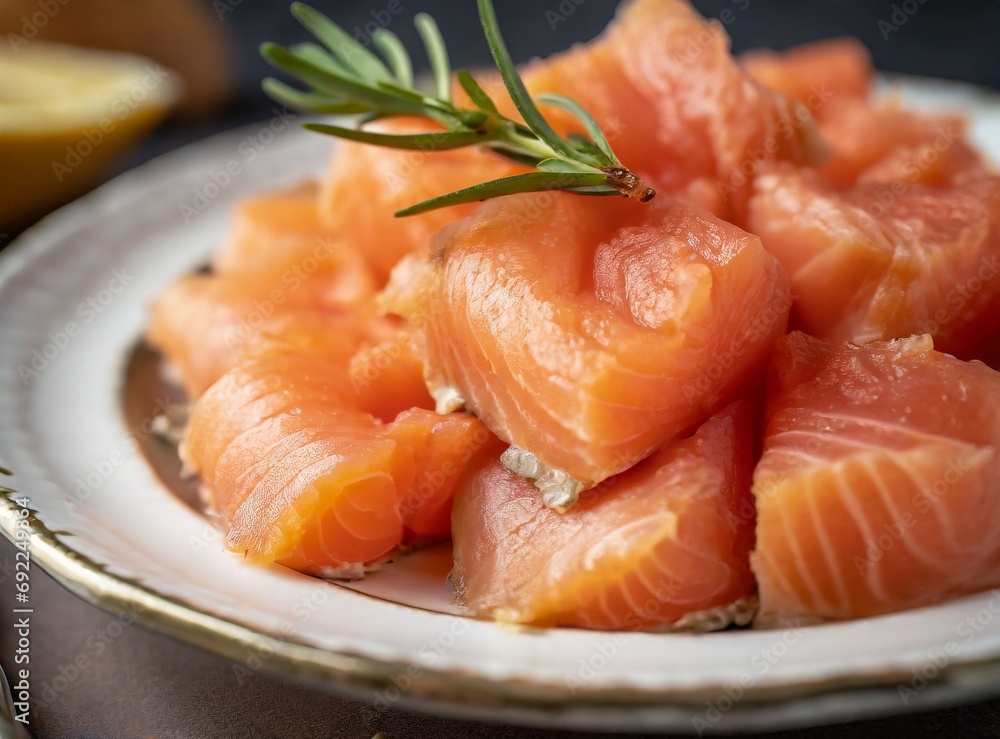Plate of traditional smoked pink salmon isolated, gourmet smokehouse cuisine restaurant Plate of traditional smoked pink salmon isolated, gourmet smokehouse cuisine restaurant