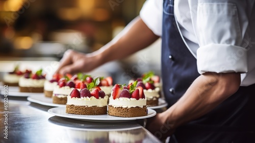 Celebration Elegance  Close-Up of Chef in Commercial Kitchen Artfully Preparing Tiny Birthday Cake with Red Fruits  A Cheesecake Extravaganza for a Meal That Balances Freshness and Flavor.  