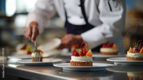 Celebration Elegance: Close-Up of Chef in Commercial Kitchen Artfully Preparing Tiny Birthday Cake with Red Fruits, A Cheesecake Extravaganza for a Meal That Balances Freshness and Flavor.

