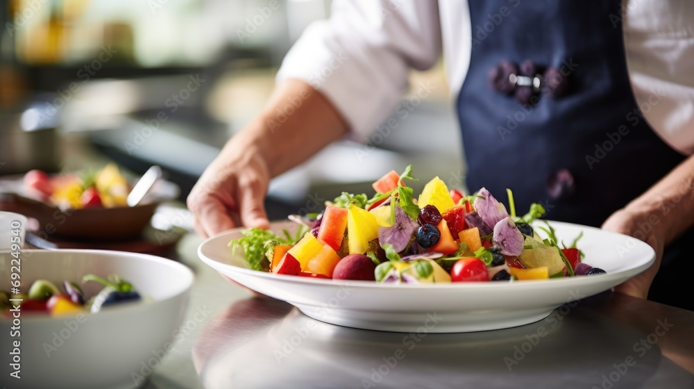 Delight in Every Bite: Professional Chef Creates a Refreshing Fruit Salad Bursting with Freshness and Vibrant Flavors in the Kitchen. Delight in Every Bite: Professional Chef Creates a Refreshing Fruit Salad Bursting with Freshness and Vibrant Flavors in the Kitchen.