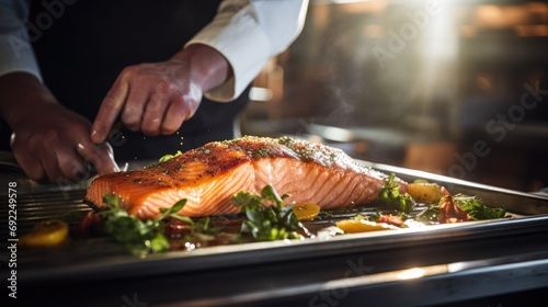 Chef's Close-Up in a Commercial Kitchen, Meticulously Placing Grilled Salmon for Service - Culinary Skills Unveiled in a Gourmet Display of Freshness and Flavor
