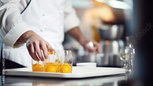 Fresh Citrus Elixir: Close-Up of a Chef in a Commercial Kitchen, Preparing Orange Juice - A Culinary Art Display of Skillful and Refreshing Citrus Beverage Preparation.

