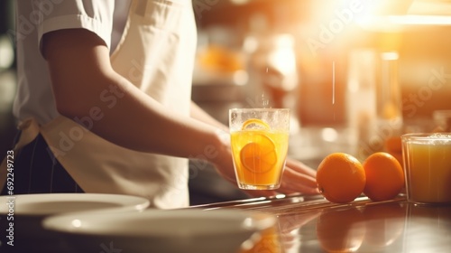 Fresh Citrus Elixir: Close-Up of a Chef in a Commercial Kitchen, Preparing Orange Juice - A Culinary Art Display of Skillful and Refreshing Citrus Beverage Preparation.