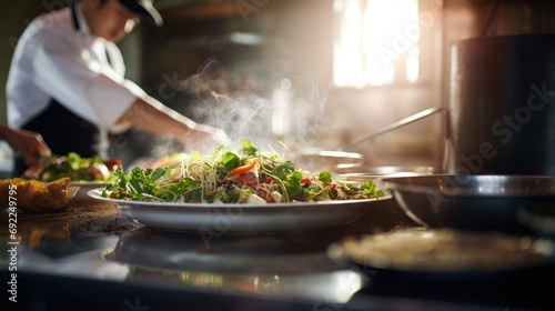 Savoring the Details: Chef's Expertise Preparing Salad in a Commercial Kitchen