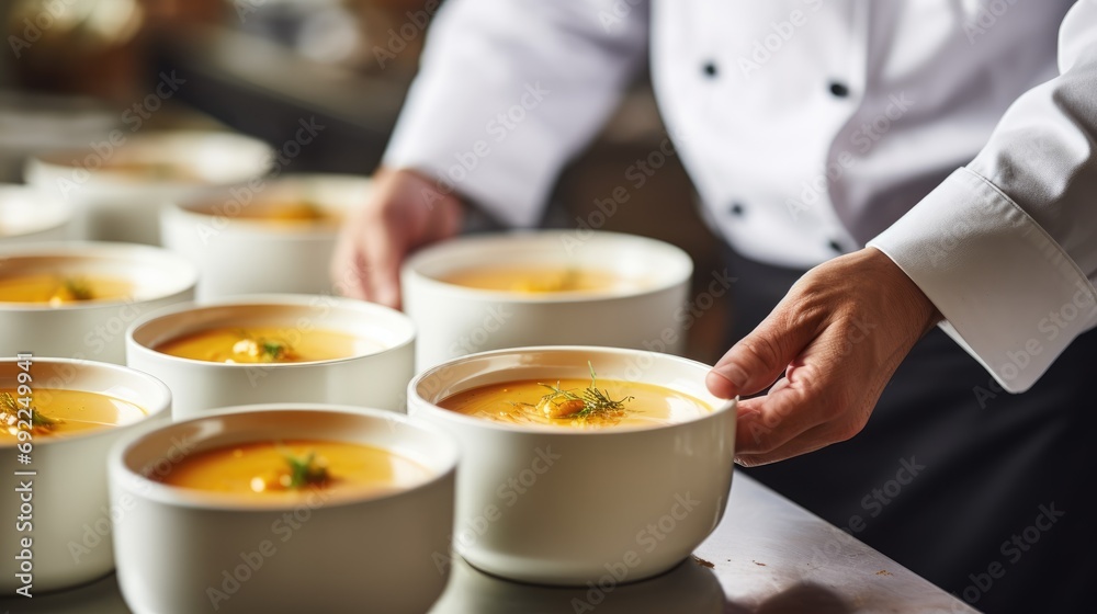 Gourmet Indulgence: Chef's Vegetable Cream Soup Served with Finesse and Flair, Showcasing Culinary Expertise and the Art of Delicious Dining in a Professional Kitchen. Gourmet Indulgence: Chef's Vegetable Cream Soup Served with Finesse and Flair, Showcasing Culinary Expertise and the Art of Delicious Dining in a Professional Kitchen.