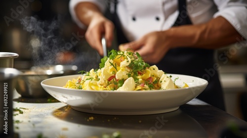 Portuguese Comfort Food Served by Professional Chef: Enjoying the Traditional Dish "Bacalhau à Brás" - Featuring Codfish, Fried Potatoes, and Fresh Parsley.