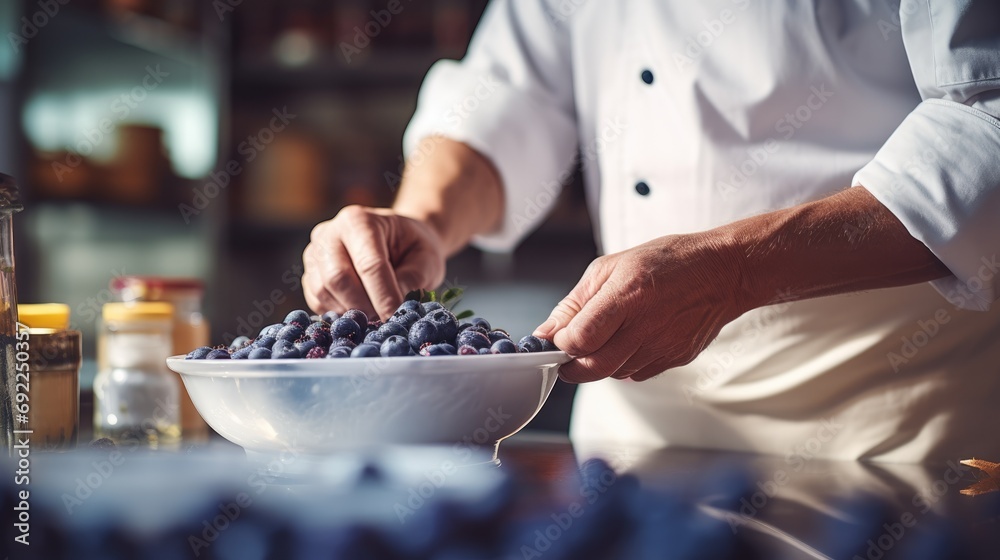 Fototapeta premium Culinary Artistry: A Close-Up of a Chef Preparing Blueberries in a Professional Kitchen