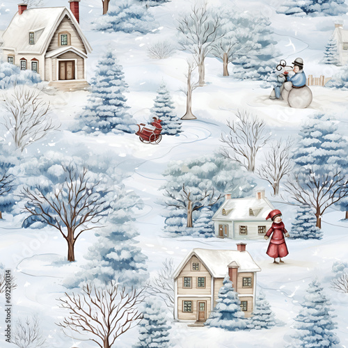 Vintage christmas decoupage paper seamless pattern with little houses, trees, snowmen, snow. Illustration for textile print design, scrapbooking and orther photo