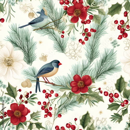 Vintage christmas decoupage paper seamless pattern with botanical elements, berries, leafs, branches, flowers, birds