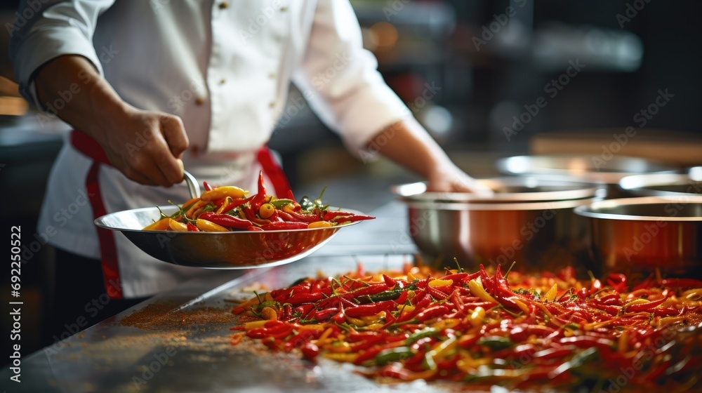 A Symphony of Spice: Chef's Colorful Creations in a Bowl, Packed with Vibrant Chillies, Showcasing Professional Culinary Artistry at Its Finest.